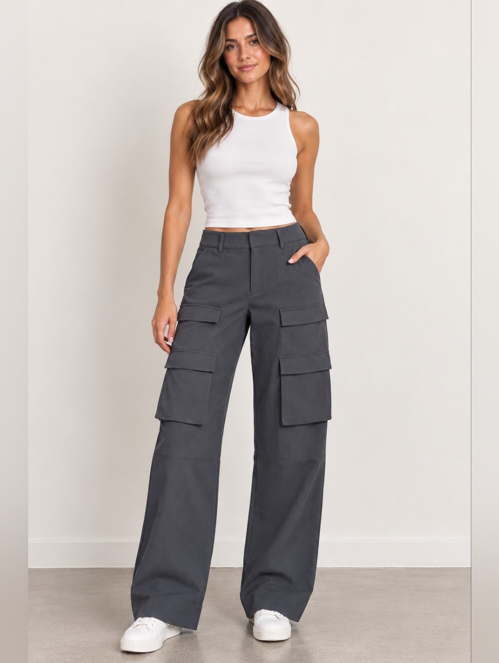 OAK + FORT Charcoal Wide-Leg Cargo Pants